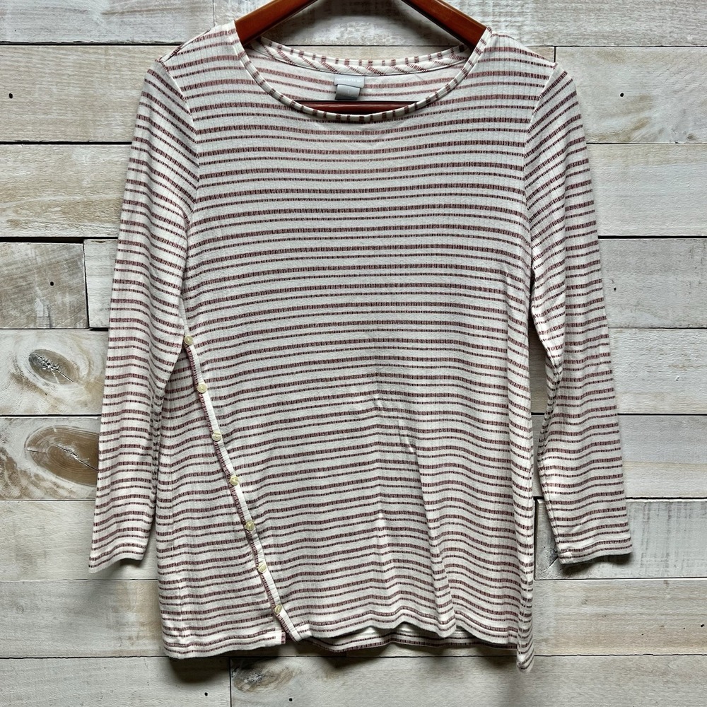 Chicos Top Womens 1 US Medium White Red Striped Button Detail Long Sleeve